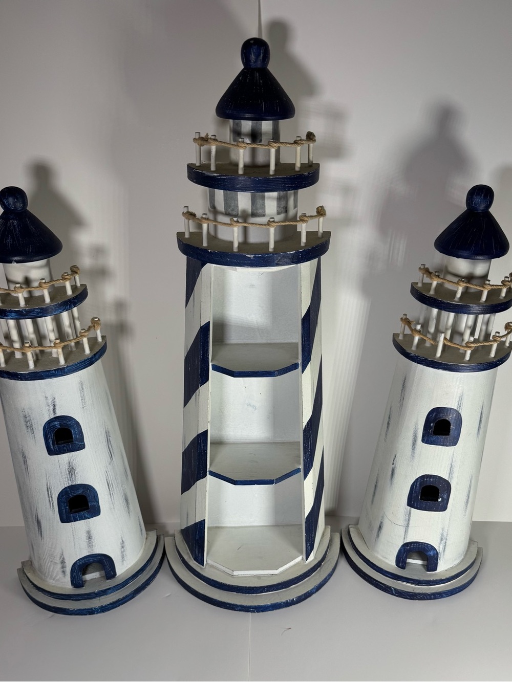 Lighthouse Display Trinket Wall 3 Shelf Stand Nautical Ocean 26” White Blue